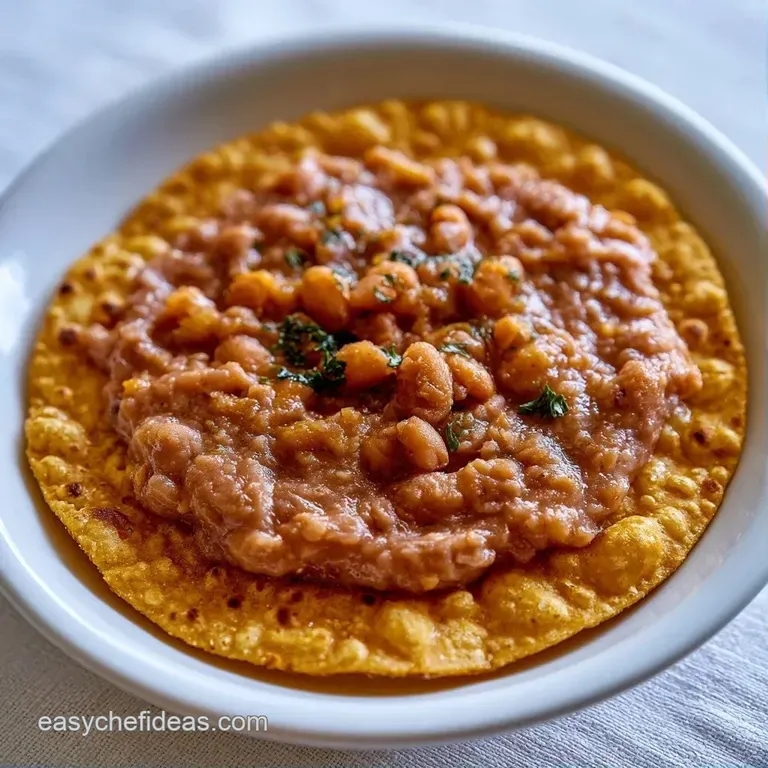 Golden crispy tortillas topped with creamy beans and colorful vegetables arranged on a matte stone platter.