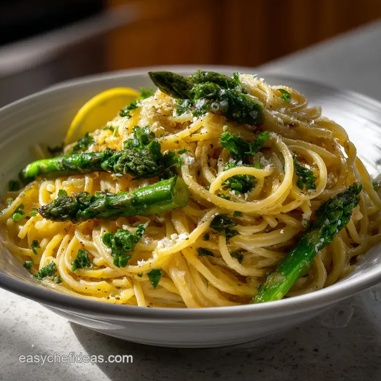 Elegant plate of pasta. Creamy pasta nests with asparagus and a sprinkle of almonds. Soft white ricotta and a drizzle of o...