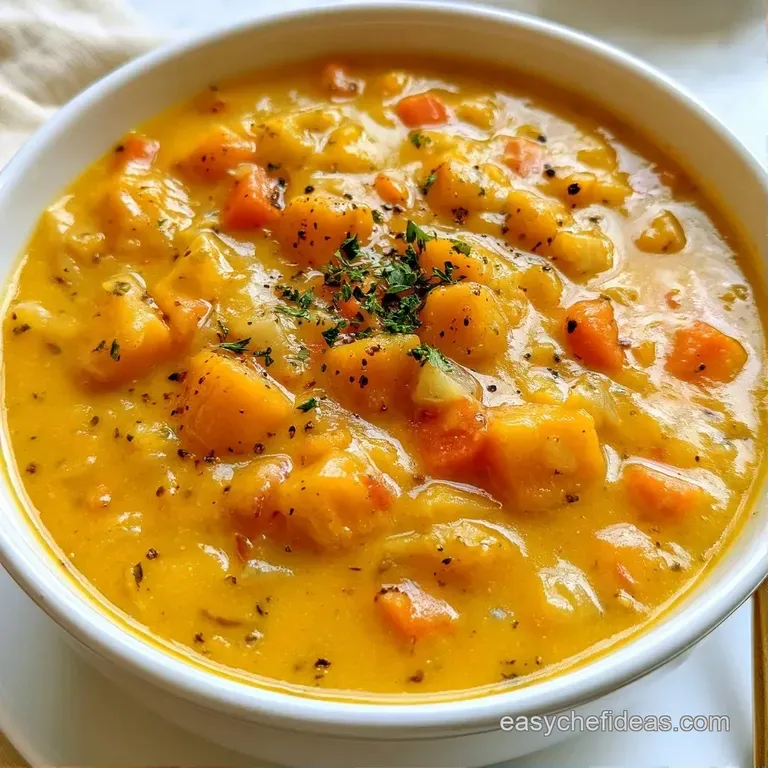 Rustic vegetable stew in a white ceramic bowl, topped with a swirl of heavy cream and a sprig of fresh green parsley.