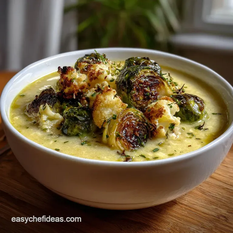 Velvety Roasted Brussels Sprouts and Cauliflower Soup presentation