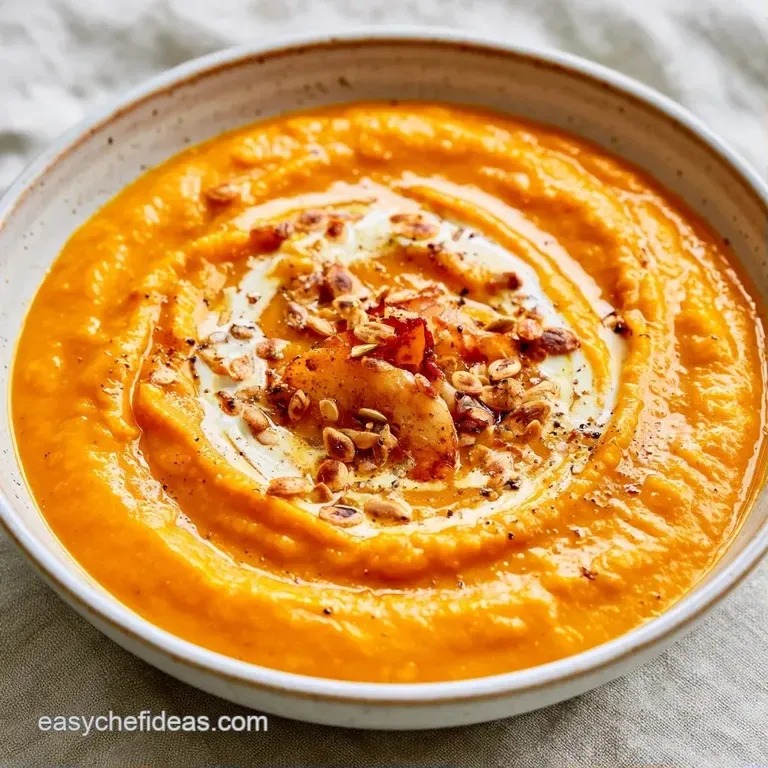 A smooth orange puree in a white bowl garnished with thinly sliced apples and a sprig of fresh green thyme.