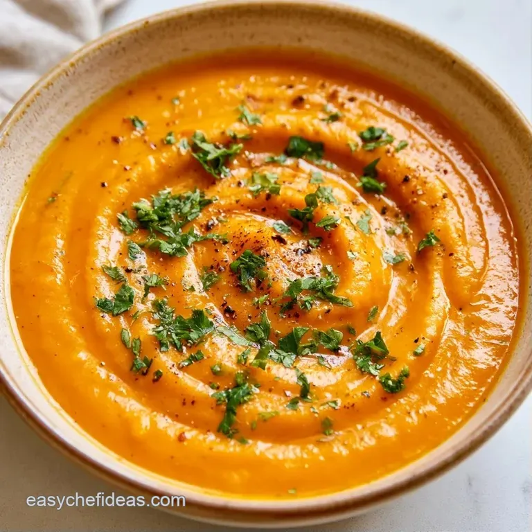 A deep white bowl filled with vibrant orange soup, topped with a drizzle of oil and a sprig of fresh thyme.