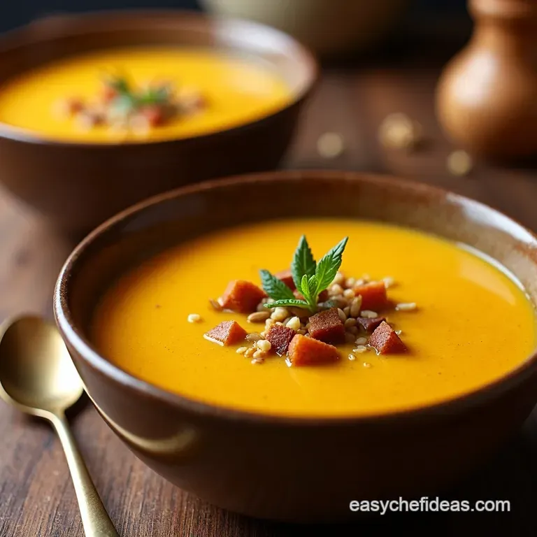 Roasted Butternut Squash Soup with Toasted Pepitas Cr&egrave;me Fra&icirc;che presentation