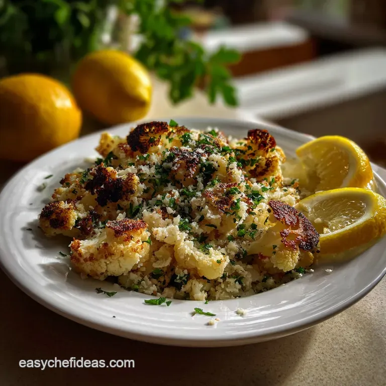Fluffy, toasted cauliflower rice with browned garlic and herbs, elegantly arranged on a white plate with a sprinkle of fre...