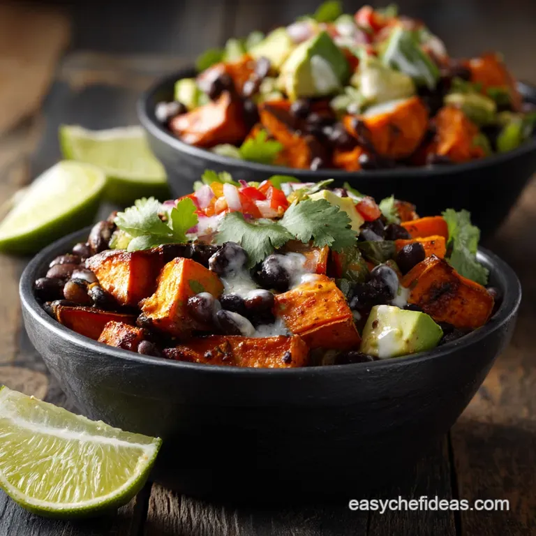 Roasted Sweet Potato Black Bean Bowls with Zesty Chipotle-Lime Dressing presentation