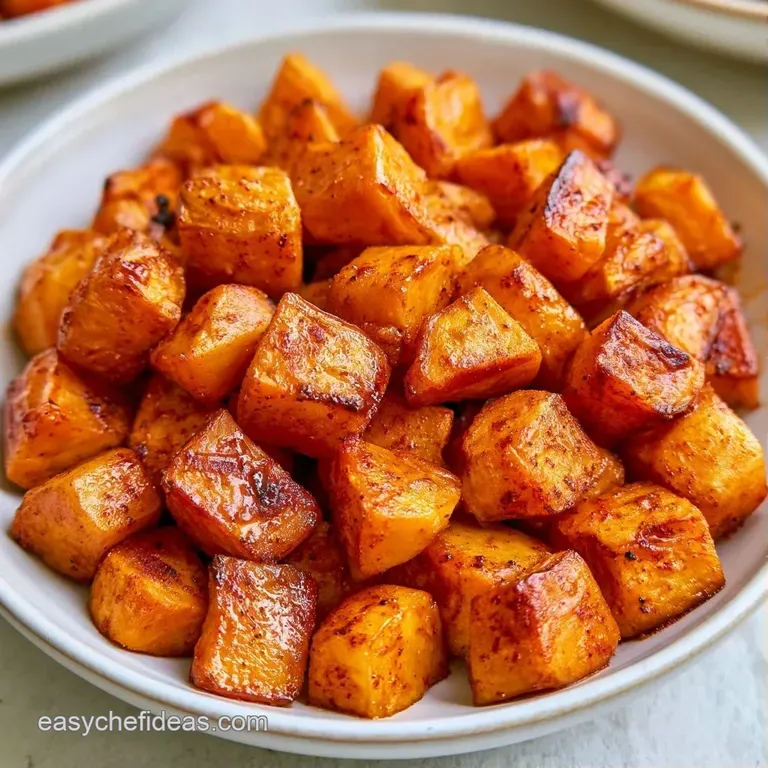 Vibrant orange potato cubes stacked neatly on a white ceramic plate, garnished with microgreens and a drizzle of oil.