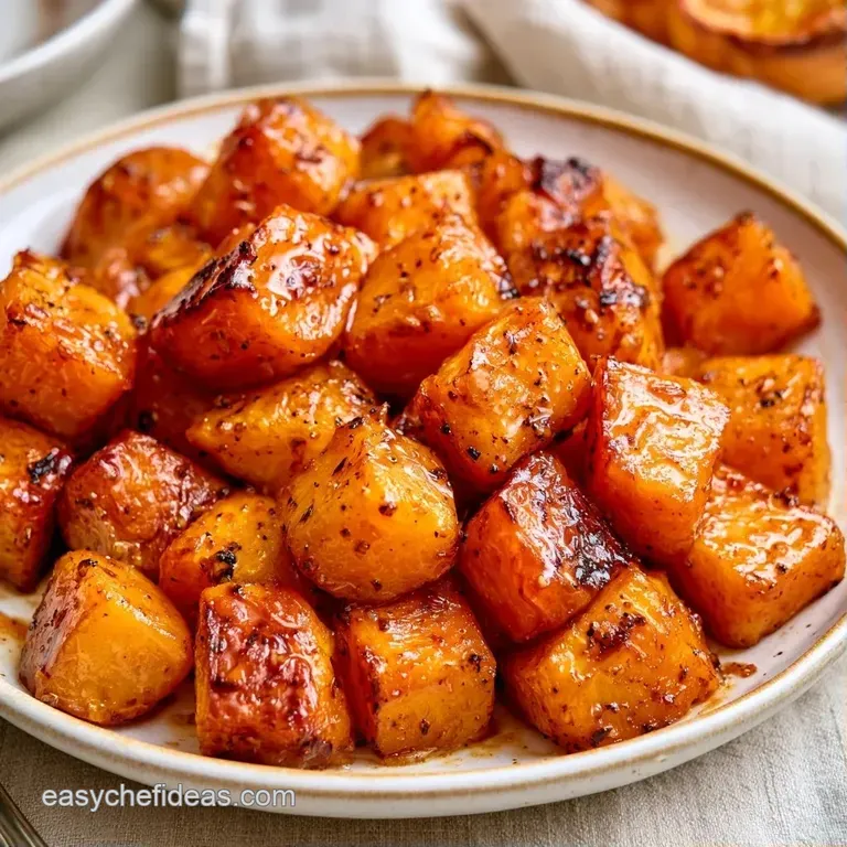 Vibrant orange squash wedges on a white ceramic plate, drizzled with syrup and topped with toasted seeds.