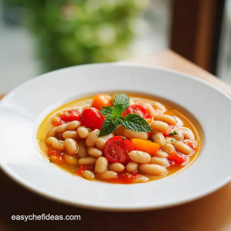 Elegant bowl of bean stew with crusty bread. Glistening olive oil, fresh herbs. A comforting, gourmet presentation.