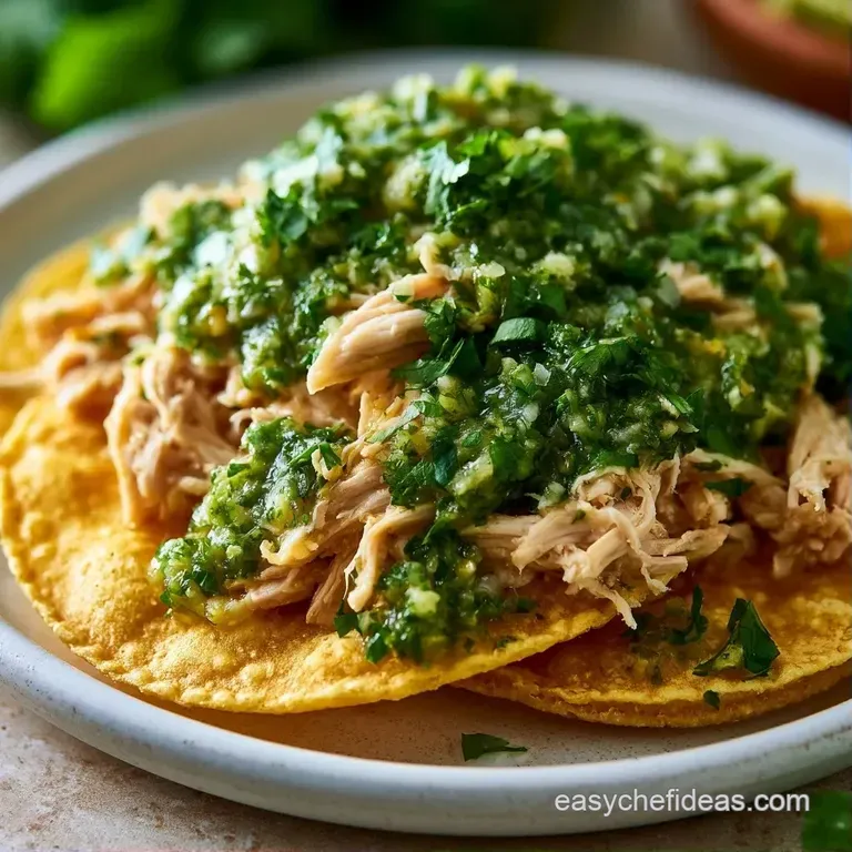 Three crispy golden tortillas topped with green shredded chicken, sliced radishes, and a drizzle of white crema.
