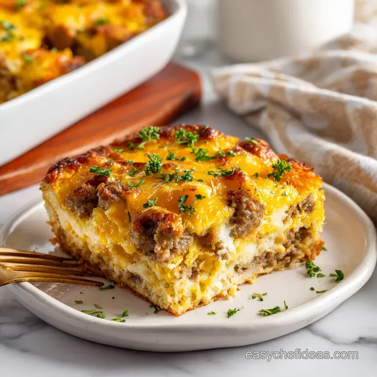 Individual serving of a breakfast casserole, browned edges, fluffy interior, with a side of bright, ripe fruit for contrast.
