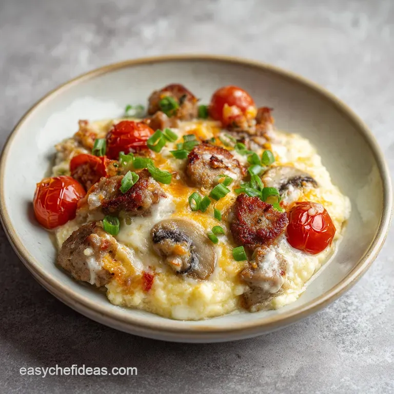 A generous scoop of cheesy grits and sausage, topped with fresh green chives, on a white plate.