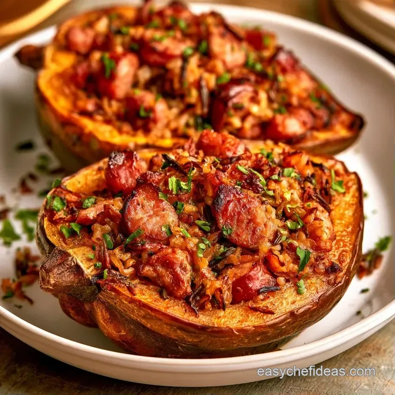 Roasted orange squash half filled with savory herbs and meat, plated on a white ceramic dish with a linen napkin.