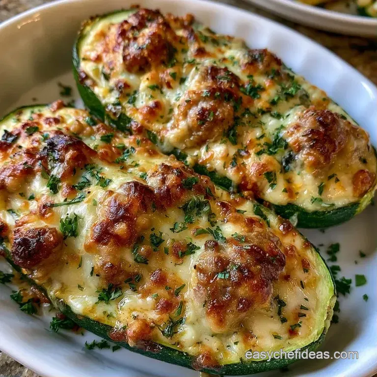 Saut&eacute;ed savory meat filling in roasted green squash halves, garnished with herbs and served on a minimalist plate