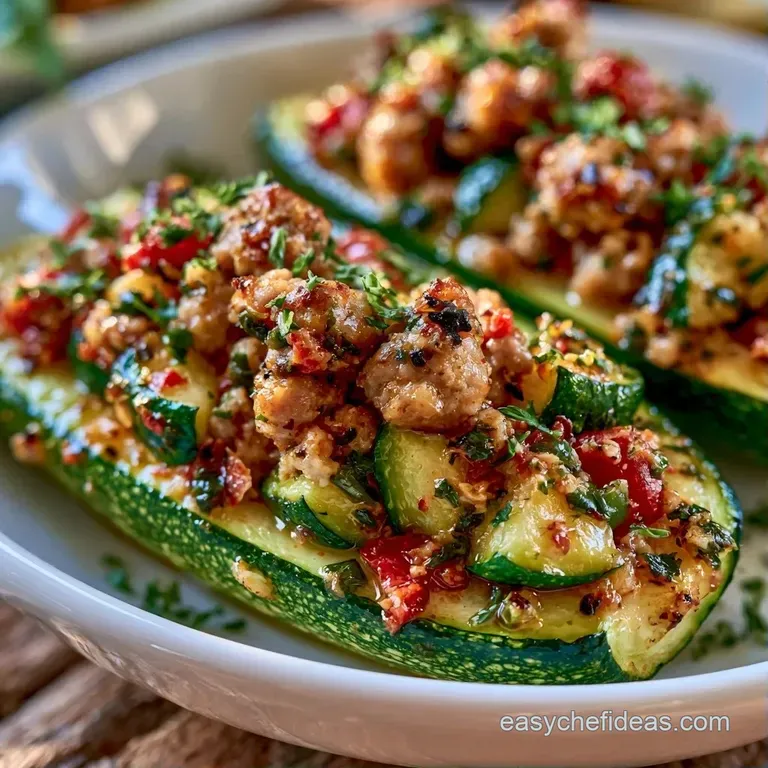 Four stuffed green zucchini halves with bubbly melted cheese arranged on a clean white ceramic platter