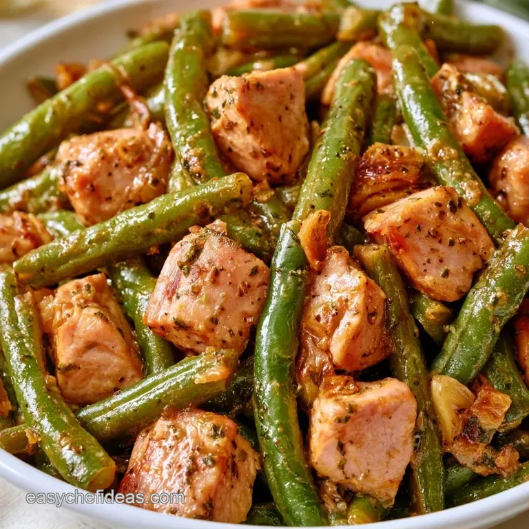 Sautéed green beans and savory turkey chunks plated elegantly on a matte grey dish with a garnish of parsley.
