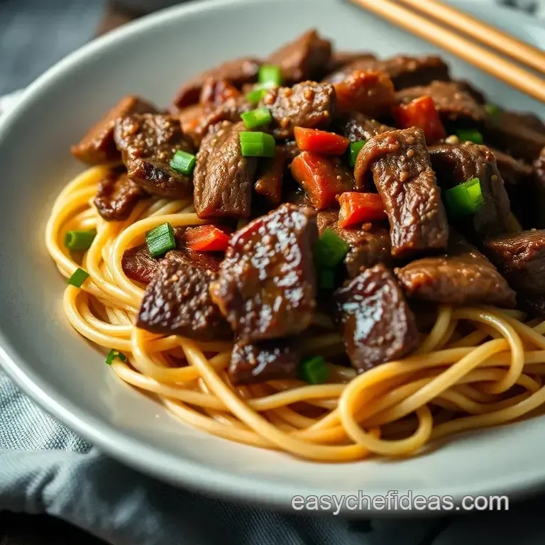 Savory Beef and Soy-Glazed Noodles presentation