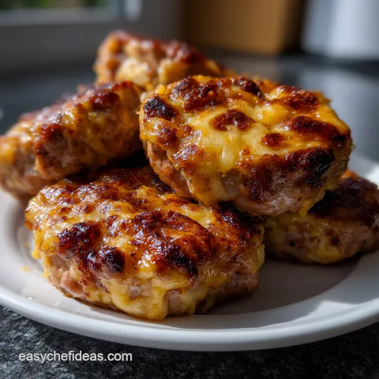 Warm, cheesy sausage balls artfully arranged on a white serving plate, with a scattering of fresh parsley and a dusting of...