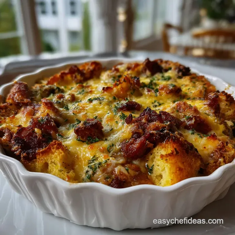 Elegant serving of casserole on a white plate, garnished with fresh herbs. The silky center glistens, promising a delightf...