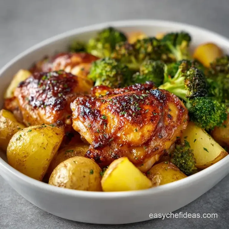 Golden-brown chicken and roasted potatoes served on a white ceramic platter with fresh parsley and lemon wedges.