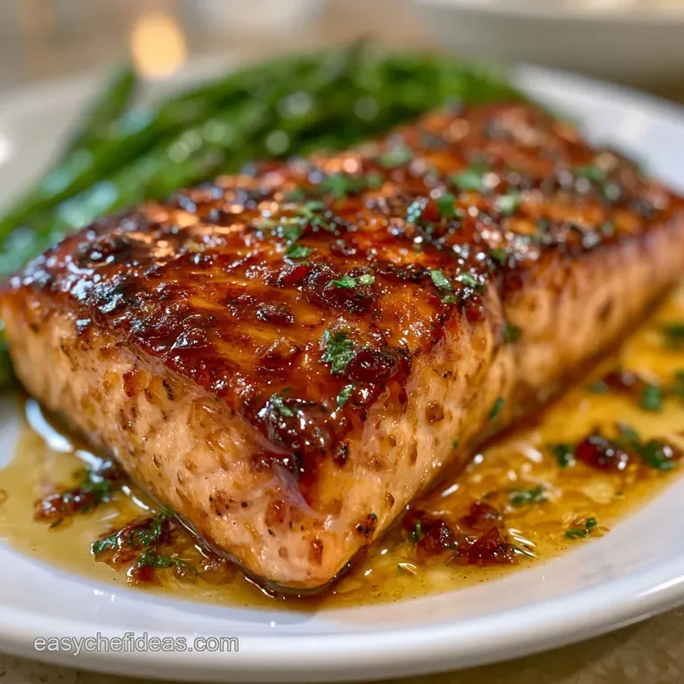 Seared salmon fillet with a glossy glaze on a ceramic plate, paired with vibrant roasted roots and fresh parsley.