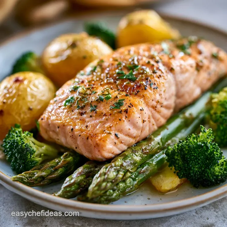 Flaky pink salmon atop roasted golden potatoes on a white ceramic platter, garnished with bright lemon slices and dill.