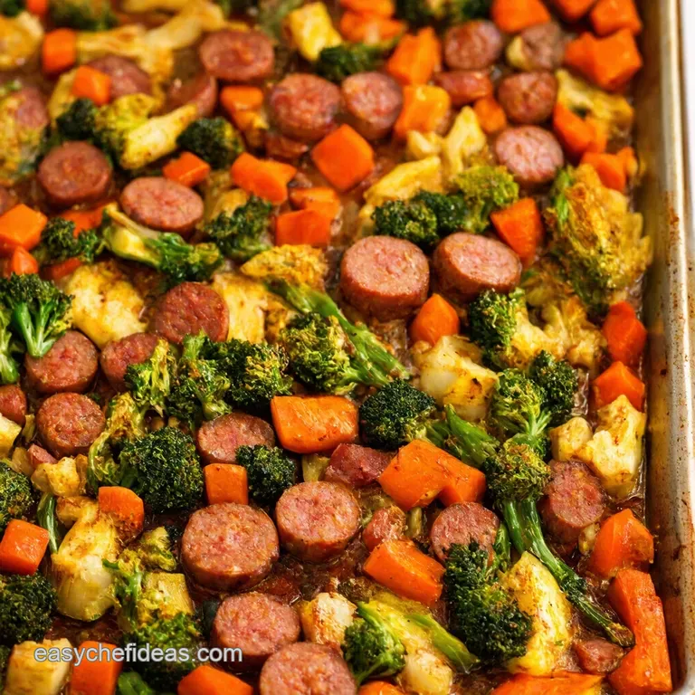 Sheet Pan Sausage and Veggie Roast with Herby Mustard Dressing presentation