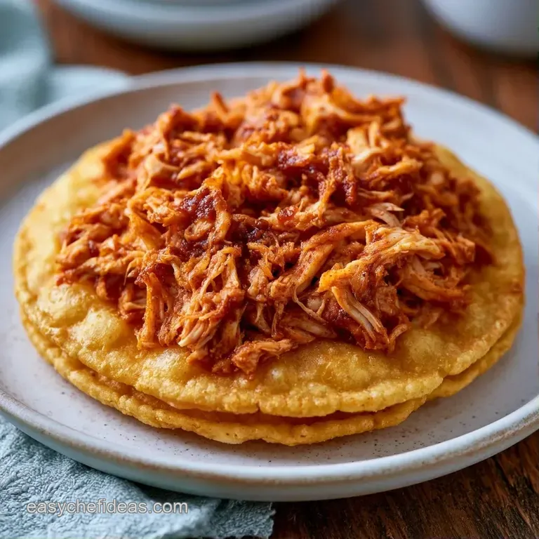 Three crispy tortillas piled high with savory chicken and greens, plated on a rustic slate with lime wedges.