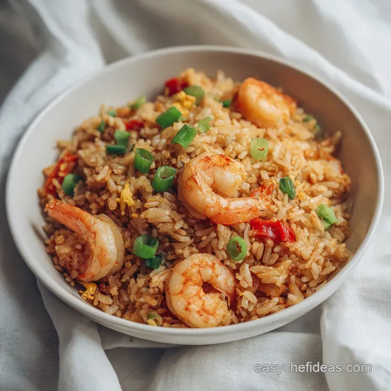 Perfectly portioned shrimp fried rice in a white bowl, garnished with green onions and sesame seeds, steaming slightly, re...