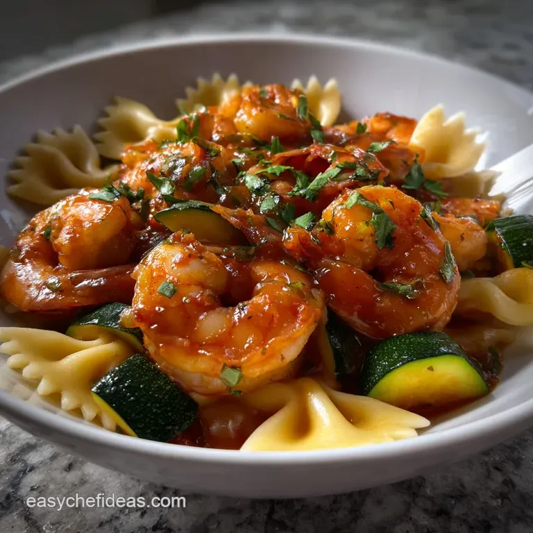Vibrant shrimp and zucchini nestle among perfectly cooked bowtie pasta, brightened by a light sauce. A flavorful and fresh...