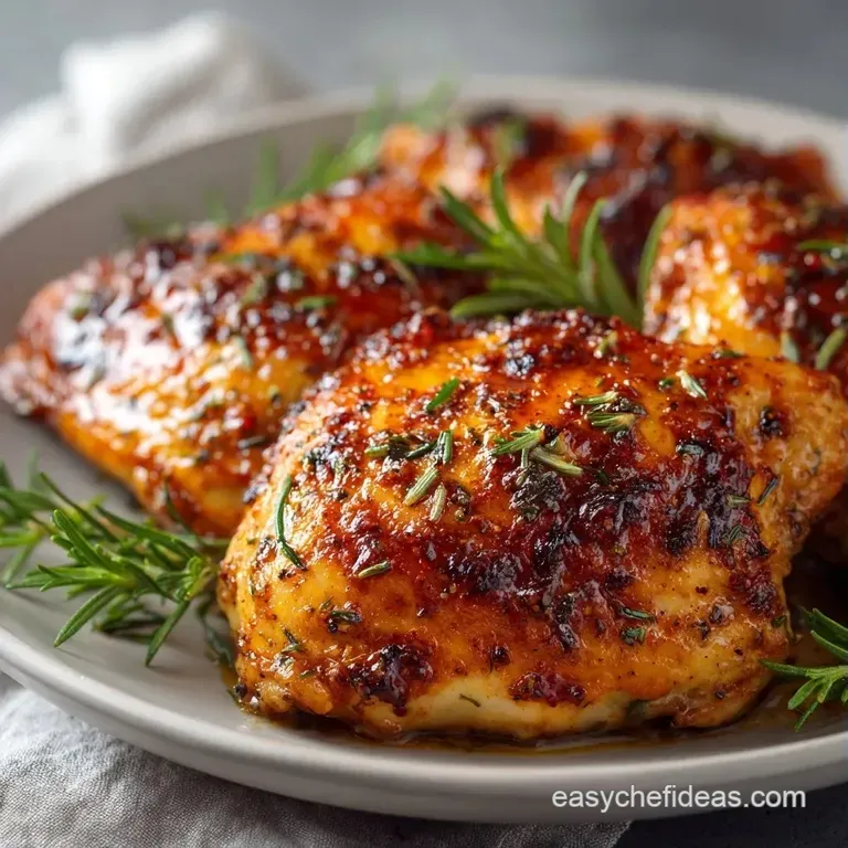 Two juicy chicken thighs with crackling skin served on a white plate alongside vibrant steamed green beans.
