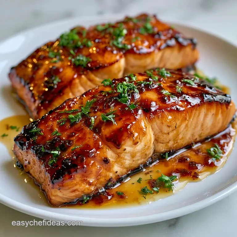 A seared salmon fillet with a shimmering amber glaze on a white ceramic plate, garnished with fresh microgreens.