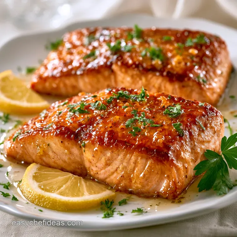 A pan-seared salmon fillet topped with a glossy citrus glaze and lemon rounds on a dark slate plate with greens.