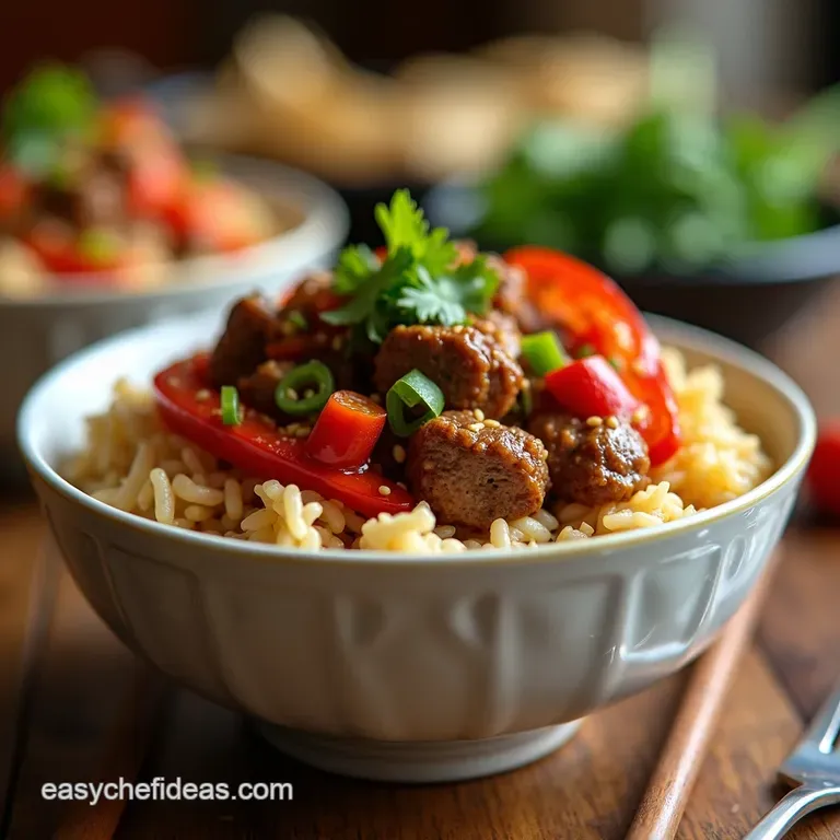 Sizzling Beef Rainbow Pepper Rice Bowls presentation