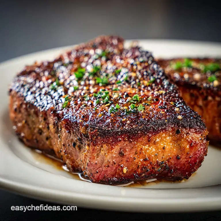 Perfectly seared steak topped with vibrant, melted herbed butter, artfully arranged on a white plate with fresh herbs.