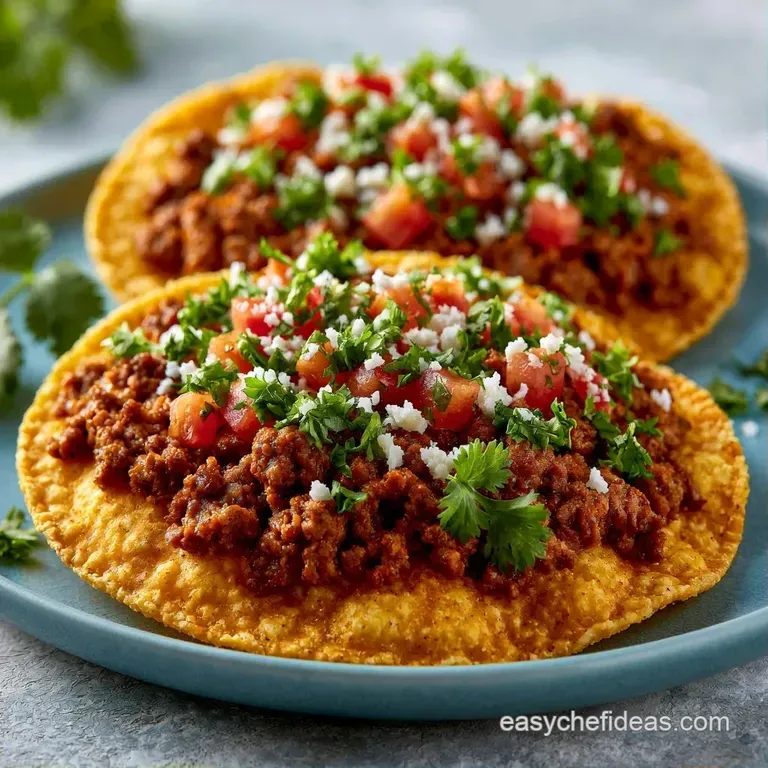 Three golden corn shells piled high with seasoned beef, bright green avocado, and a swirl of cool white crema.