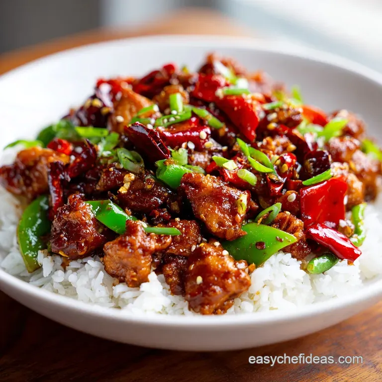 Steaming Kung Pao chicken artfully plated with scallions and chili flakes. The dark sauce glistens, promising bold flavor.