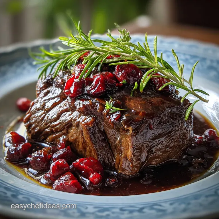 A slice of rich, dark beef with shimmering glaze, served alongside vibrant green beans and creamy mashed potatoes.