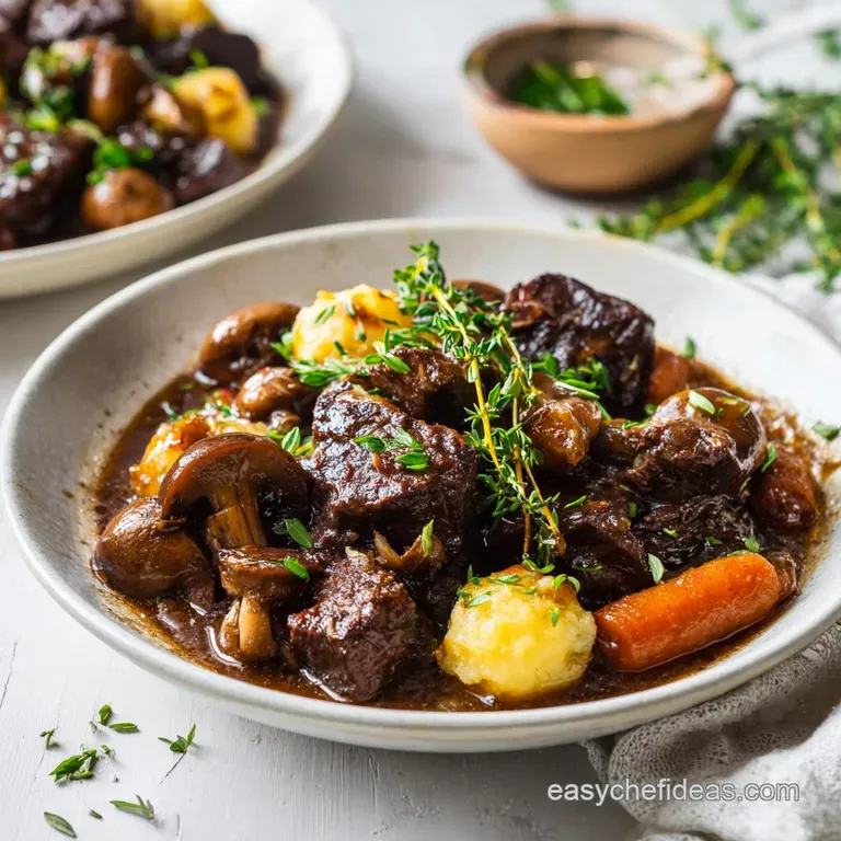A portion of tender beef bourguignon, plated with creamy mashed potatoes, garnished with fresh parsley, and bathed in savo...