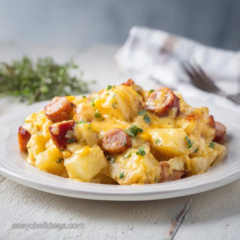 A rich, cheesy potato and sausage bake with a sprinkle of fresh parsley on a rustic plate.