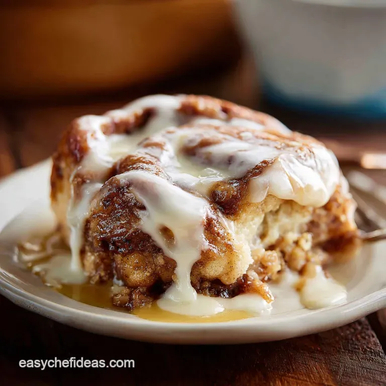 A slice of cinnamon roll casserole, artfully plated with a drizzle of glaze and a dollop of cream.