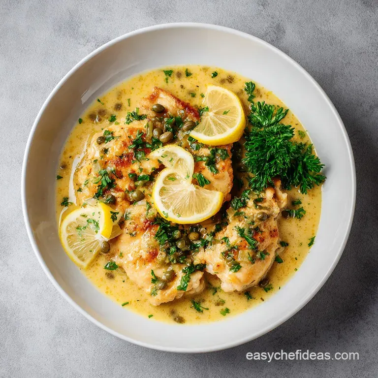 Elegant plate of lemon chicken piccata. Bright yellow sauce coats the tender chicken with vibrant green parsley and briny ...