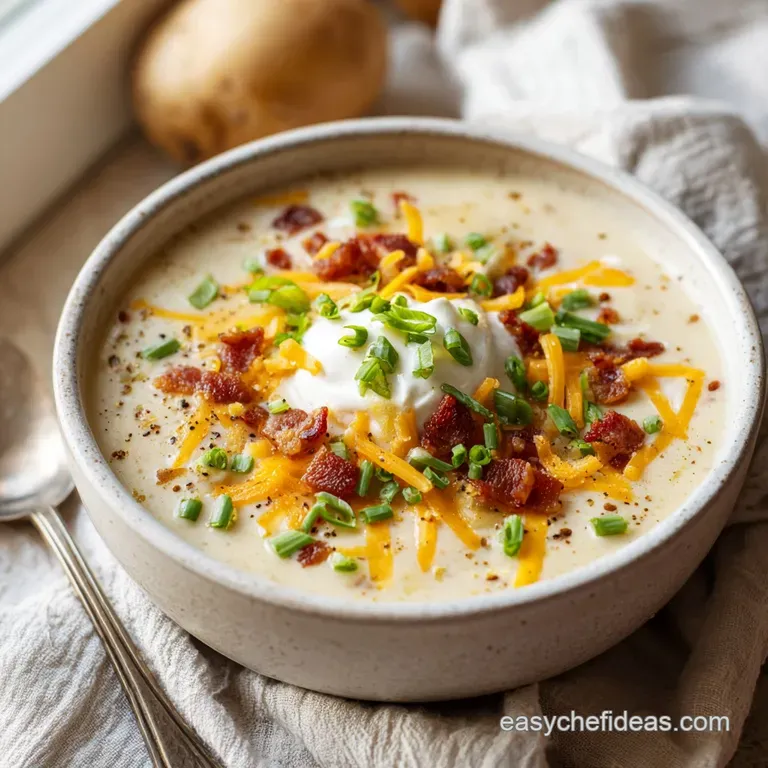 Individual bowls of thick, pale yellow soup topped with vibrant cheddar, bacon bits, green onion, and dollops of sour cream.