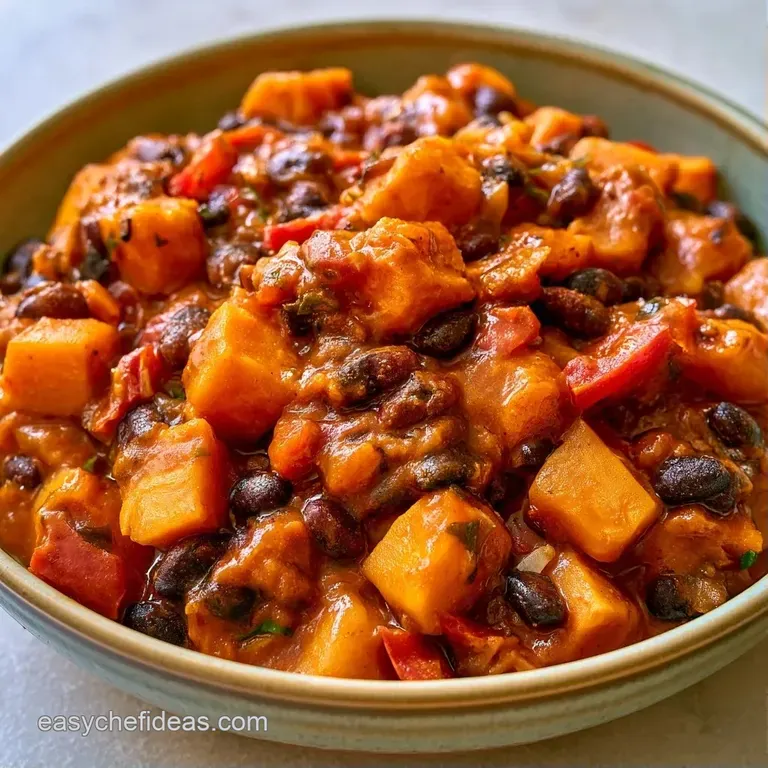 A rustic bowl of thick, red bean stew topped with a swirl of white cream and bright green chopped scallions.