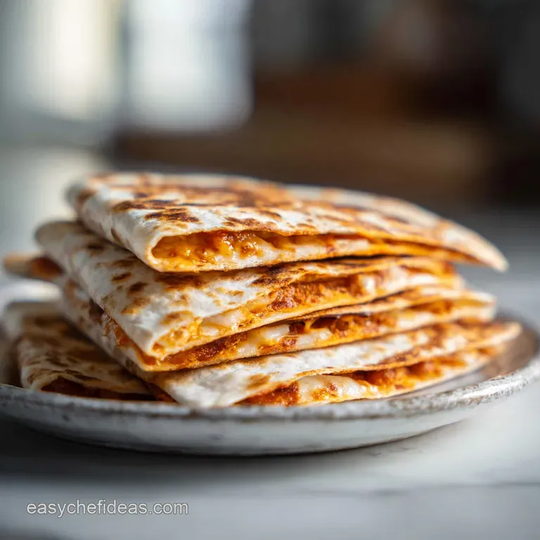 Stack of warm, cheesy quesadilla wedges on a plate, burger filling oozing out, inviting and savory.
