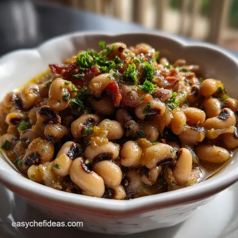 Creamy black-eyed peas artfully arranged on a white plate, with a drizzle of smoky broth and a sprinkle of fresh, green he...
