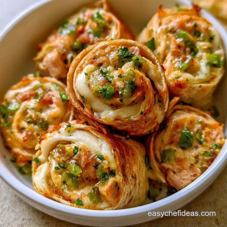 Spiral-cut turkey rolls with creamy centers and green chili bits, elegantly plated on a minimalist white tray.