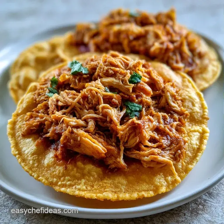Three golden corn tortillas topped with savory chicken, sliced radish, and a drizzle of white cream on a slate board.