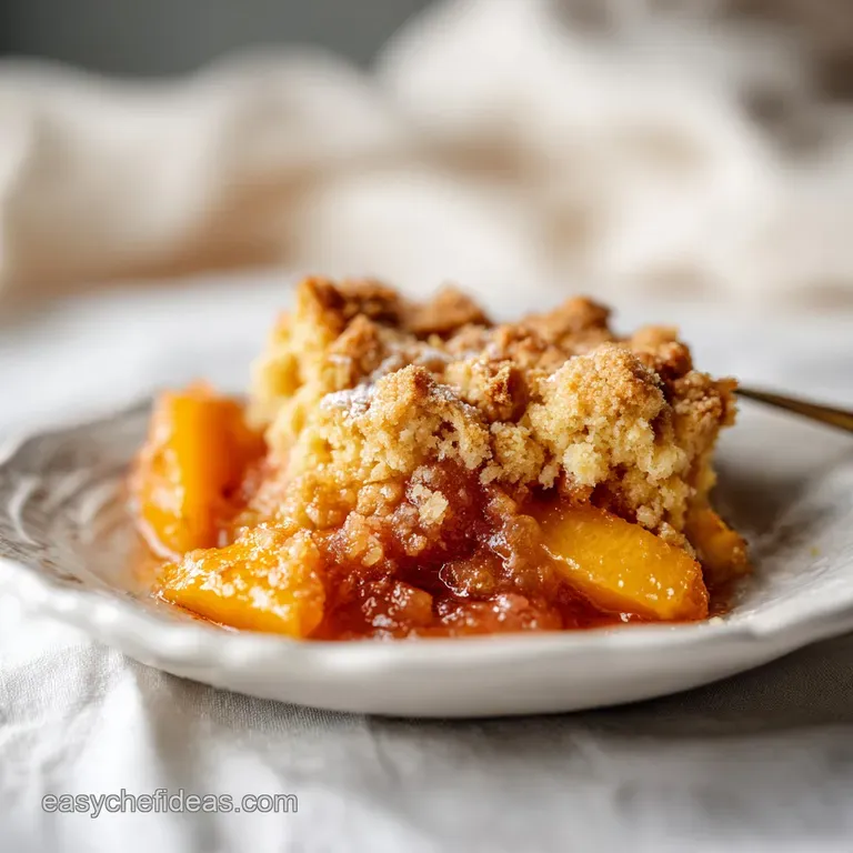 A generous scoop of golden peach cobbler, glistening with syrup, served in a rustic bowl with a dollop of cream.