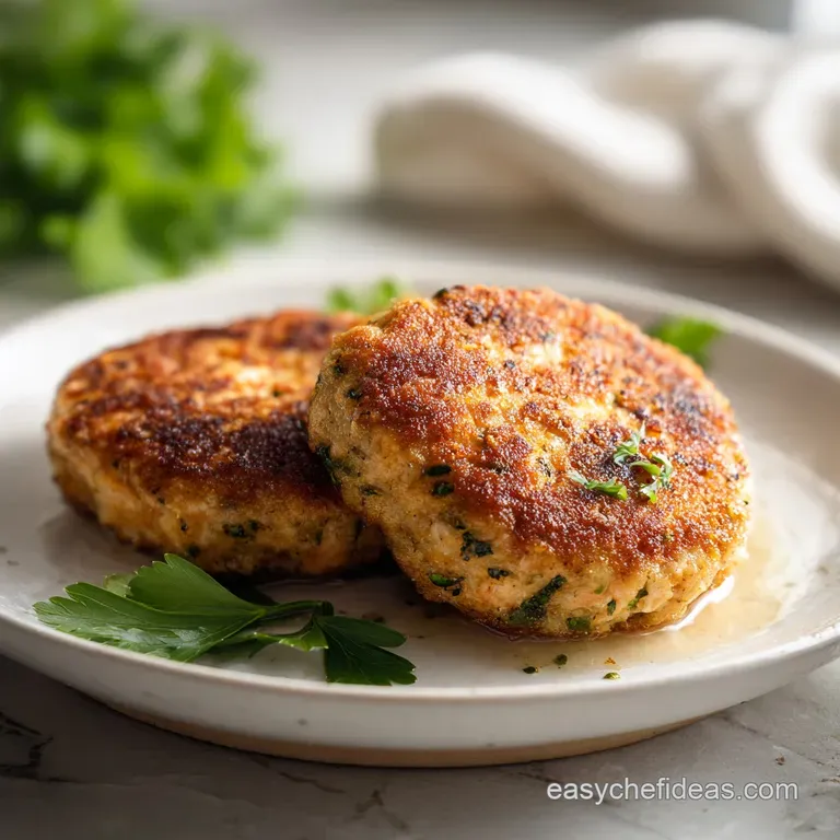 Two pan-seared fish cakes on a white ceramic plate with a dollop of creamy tartar sauce and a fresh sprig of dill.
