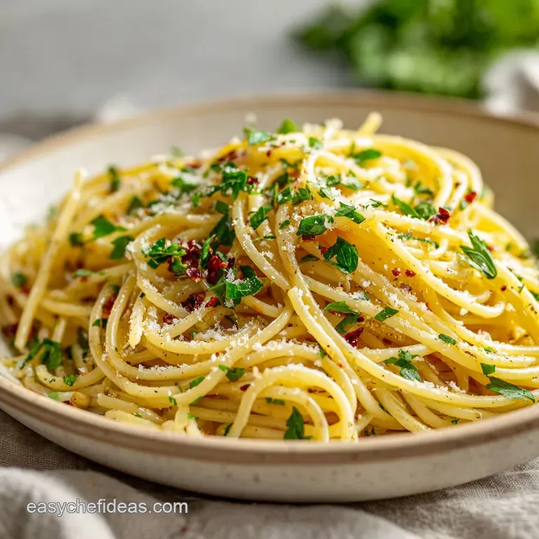 A rustic ceramic bowl filled with tender spaghetti, shimmering oil, and a sprinkle of bright green herbs.